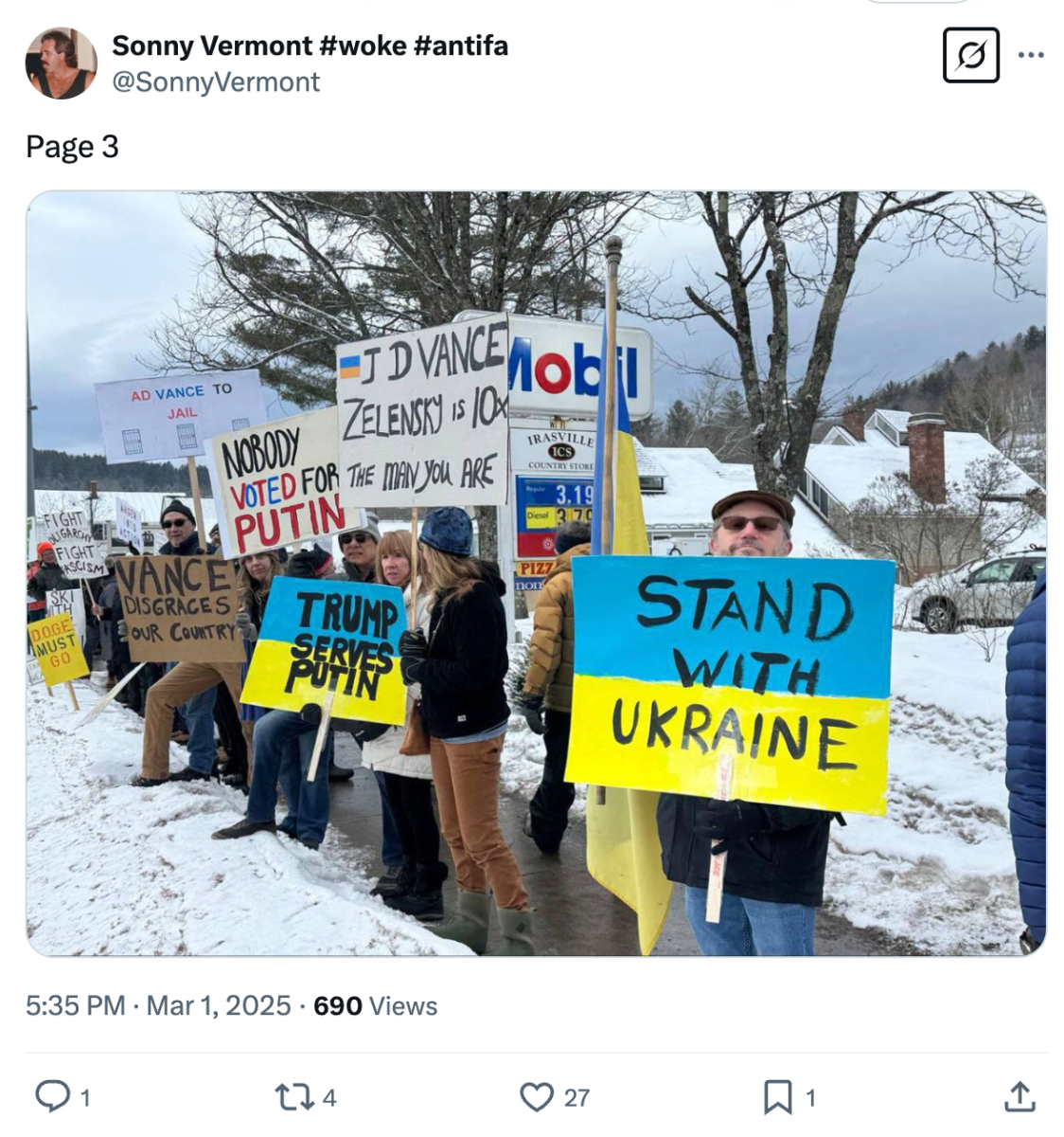 Screenshot of X post about JD Vance's Vermont trip